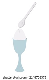 The egg is broken with a teaspoon. A crack in the eggshell. A soft-boiled chicken egg in a glass-shaped egg stand. Color vector illustration. Serving boiled eggs for breakfast. Isolated background. 