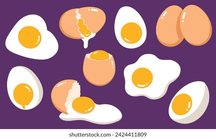 Egg Bundle Cracked Fried Egg Boiled Raw Yolk Breakfast Healthy Cooking Vector EPS Icon Illustration