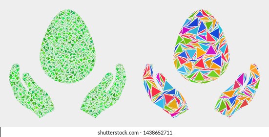 Egg care hands collage icon of triangle elements which have various sizes and shapes and colors. Geometric abstract vector illustration of egg care hands.