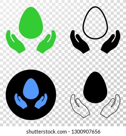 Egg care hands EPS vector icon with contour, black and colored versions. Illustration style is flat iconic symbol on chess transparent background.