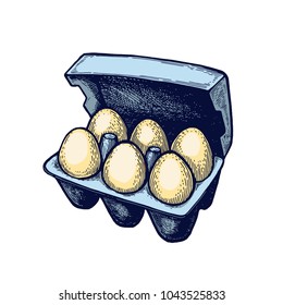 Egg carton hand drawn Isolated vector. Botanical illustration. Universal templates for invitation or packaging farm fresh. Engraving