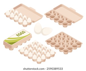 Egg cartons and trays in various configurations. Cardboard egg containers holding white eggs. Grocery store egg containers. Different egg storage options. Isometric set. Vector illustration.