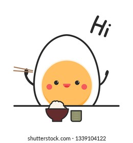 Egg cartoon. egg character design. symbol. logo design. chopsticks and rice cup. Egg mascot.
