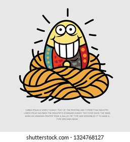 Egg cartoon character with happy face stand on the nest.Isolated easter greeting vector drawing illustration