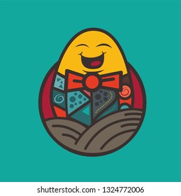 Egg cartoon character with happy face stand on the nest.Easter greeting vector drawing illustration