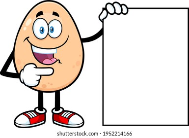 Egg Cartoon Character Pointing To A Blank Sign. Vector Illustration Isolated On White Background