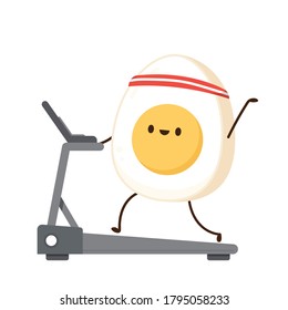 Egg cartoon exercise. Egg character design. Egg on white background. Running machine vector.