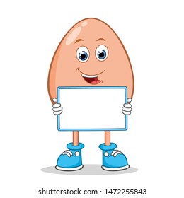 Egg Cartoon Mascot Character With Holding a White Blank Sign.