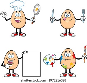 Egg Cartoon Mascot Character. Vector Collection Set Isolated On White Background