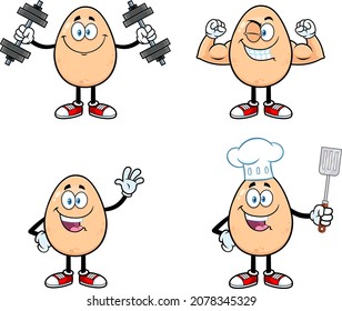 Personaje De Mascota De Caricatura De Huevo. Conjunto De Colección De Vectores Aislados En Fondo Blanco