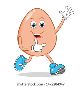 Egg Cartoon Mascot Character Walking Happily.  Waving For Greeting And Pointing. 