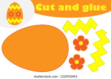 Egg in cartoon style, education easter game for the development of preschool children, use scissors and glue to create the applique, cut parts of the image and glue on the paper, vector illustration