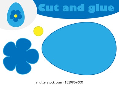 Egg in cartoon style, education easter game for the development of preschool children, use scissors and glue to create the applique, cut parts of the image and glue on the paper, vector illustration