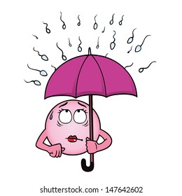 Egg cell holding an umbrella against a rain of sperm.