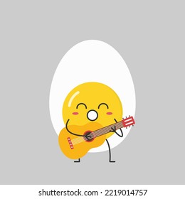 Egg character cartoon cheerful plays the guitar sings cute funny face happy joy emotions icon vector illustration.