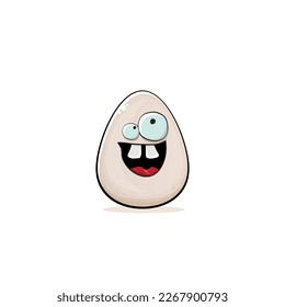 Carácter de huevo. Huevo blanco caricaturizado aislado sobre fondo blanco. Funky personaje de huevo de comida con ojos y boca. Arte de clip de huevo blanco vectorial, emoji, etiqueta y pegatina