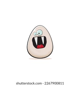 Egg character. Cartoon white egg isolated on white background. Funky food egg character with eyes and mouth. Vector white egg clip art, emoji, label and sticker