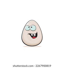 Egg character. Cartoon white egg isolated on white background. Funky food egg character with eyes and mouth. Vector white egg clip art, emoji, label and sticker