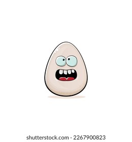 Egg character. Cartoon white egg isolated on white background. Funky food egg character with eyes and mouth. Vector white egg clip art, emoji, label and sticker