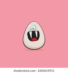 Egg character. Cartoon white egg isolated on pink background. Funky food egg character with eyes and mouth isolated. Vector white egg clip art, emoji, label and sticker