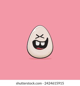 Egg character. Cartoon white egg isolated on pink background. Funky food egg character with eyes and mouth isolated. Vector white egg clip art, emoji, label and sticker