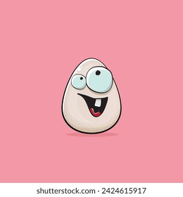 Egg character. Cartoon white egg isolated on pink background. Funky food egg character with eyes and mouth isolated. Vector white egg clip art, emoji, label and sticker