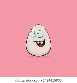 Egg character. Cartoon white egg isolated on pink background. Funky food egg character with eyes and mouth isolated. Vector white egg clip art, emoji, label and sticker
