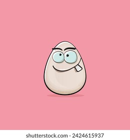Egg character. Cartoon white egg isolated on pink background. Funky food egg character with eyes and mouth isolated. Vector white egg clip art, emoji, label and sticker