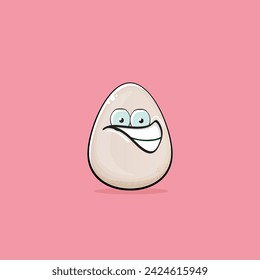 Egg character. Cartoon white egg isolated on pink background. Funky food egg character with eyes and mouth isolated. Vector white egg clip art, emoji, label and sticker