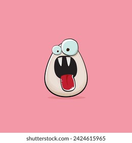 Egg character. Cartoon white egg isolated on pink background. Funky food egg character with eyes and mouth isolated. Vector white egg clip art, emoji, label and sticker