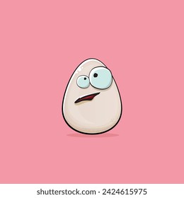 Egg character. Cartoon white egg isolated on pink background. Funky food egg character with eyes and mouth isolated. Vector white egg clip art, emoji, label and sticker