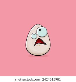 Egg character. Cartoon white egg isolated on pink background. Funky food egg character with eyes and mouth isolated. Vector white egg clip art, emoji, label and sticker