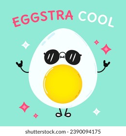 Egg character. Eggstra cool card. Vector hand drawn cartoon kawaii character illustration icon. Isolated on blue background Egg character concept