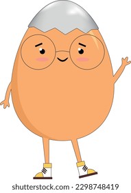 Egg character with hipster glasses and eggshell hat.