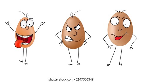 Egg character set. Crazy and angry eggs isolated on white