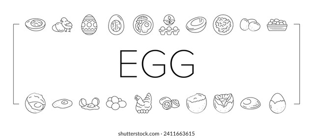 egg chicken farm food organic icons set vector. easter bird, animal breakfast, fresh healthy, ingredient protein, brown shell hen egg chicken farm food organic black line illustrations