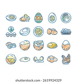 egg chicken farm food organic doodle icons set vector. easter bird, animal breakfast, fresh healthy, ingredient protein, brown shell hen egg chicken farm food organic sketch hand drawn