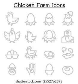 Egg and Chicken farm icon set in thin line style