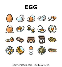 egg chicken hen food farm icons set vector. easter organic, fresh brown, animal bird, breakfast poultry, healthy nature, protein egg chicken hen food farm color line illustrations