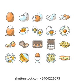 egg chicken hen food farm icons set vector. easter organic, fresh brown, animal bird, breakfast poultry, healthy nature, protein egg chicken hen food farm color line illustrations