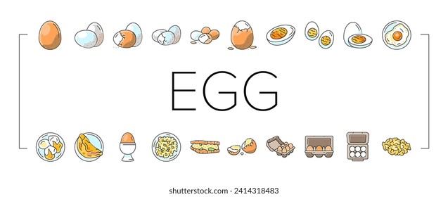 egg chicken hen food farm icons set vector. easter organic, fresh brown, animal bird, breakfast poultry, healthy nature, protein egg chicken hen food farm color line illustrations