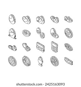 egg chicken hen food farm isometric icons set. easter organic, fresh brown, animal bird, breakfast poultry, healthy nature, protein egg chicken hen food farm color line