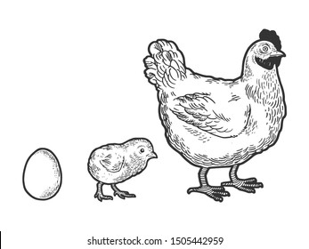 Egg chicken and hen sketch engraving vector illustration. Tee shirt apparel print design. Scratch board style imitation. Black and white hand drawn image.