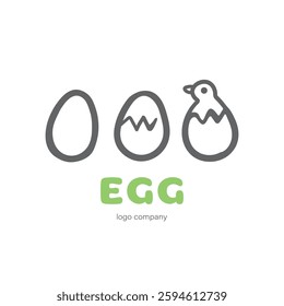 Egg and Chicken Logo Vector Farm Company. Sign Linear Icon Label for Shop Website. Flat Symbol Hand Drawing eggs cute newborn bird. Doodle Cartoon Style. Logotype Food Concept. On Isolated Background.