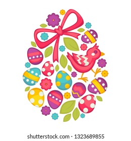 Egg Christian holiday Easter symbolic food and bird vector plant leaves and flowers festive bow spring event religion symbol floral decor and colored dairy product with pattern flying animal