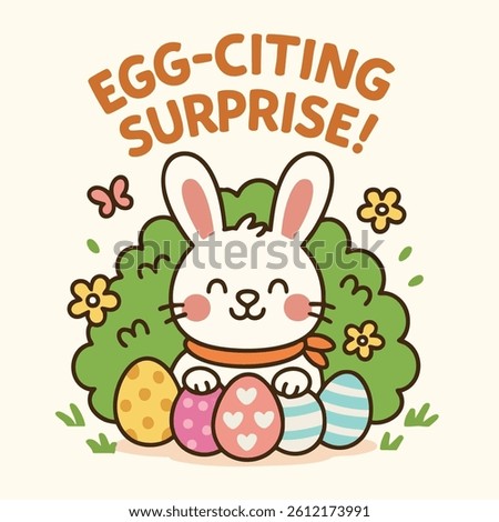 Egg citing surprises await on Easter day as cheerful bunny sits among colorful eggs surrounded by flowers and butterflies, bringing joy and delight to festive celebration