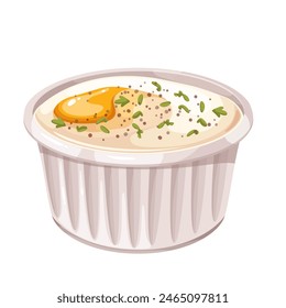 Egg cocotte, cartoon morning food. Funny ceramic white ramekin with baked egg and chopped basil, breakfast mascot, cartoon healthy delicious snack and appetizer of restaurant menu vector illustration