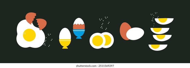 Coleção de ovos. Ilustração vetorial plana abstrata com ovos. Ovo frito. Cozido ovo de galinha em xícara, cozido e cortado em pedaços. Ovos postos. Fundo perfeito para menu, cartaz, capa. Design mínimo
