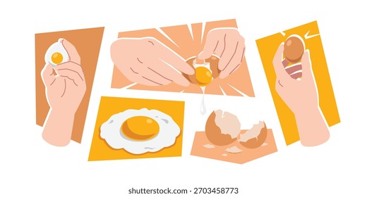 Mano de colección de huevo con huevo hervido, huevo entero, agrietamiento, huevo frito y cáscara de huevo. Ilustración vectorial.