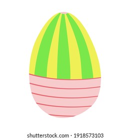 An egg with a colorful stripes ornament isolated on white background. A vector illustration in pinkish, green, yellow designed for prints, textile, wraps for adults and kids.